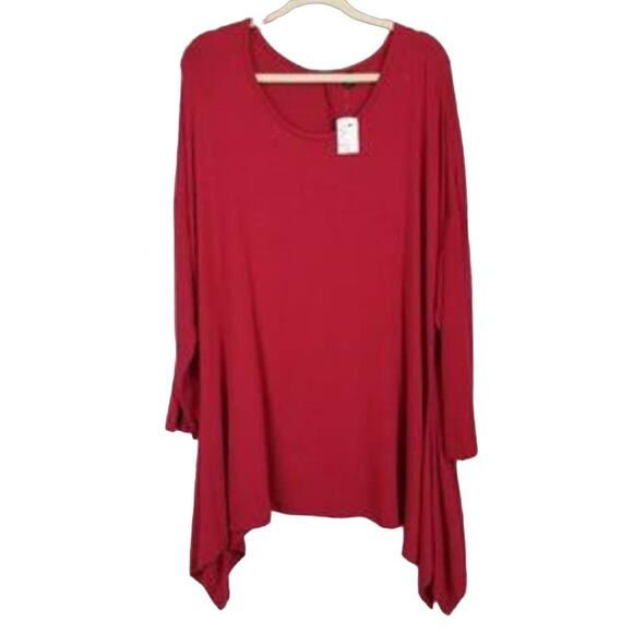 RDI Women Round Neck Stretch Tunic Top Size 2X Deep Red NWT Long Side Hem Detail - Picture 1 of 4